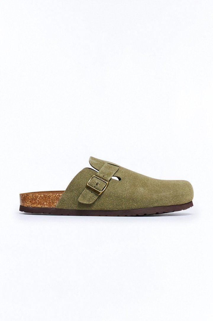 Buckled Cut Out Suede Slip On Mule - Green