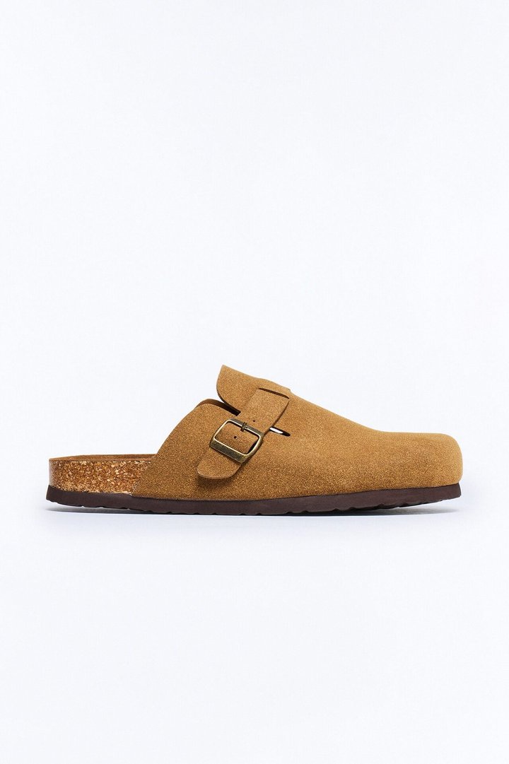 Buckled Cut Out Suede Slip On Mule - Brown