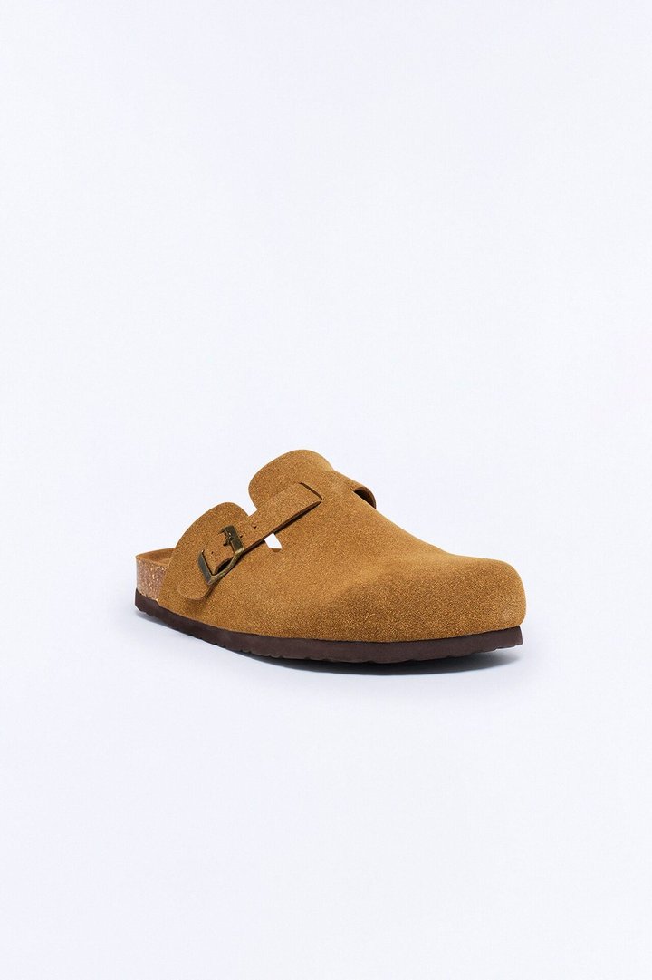 Buckled Cut Out Suede Slip On Mule - Brown