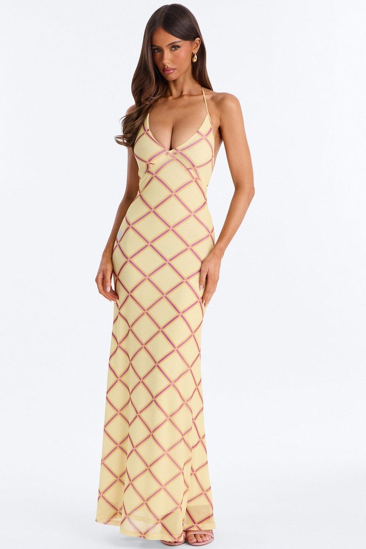 Lizzy Plaid Mesh Maxi Dress - Yellow/combo