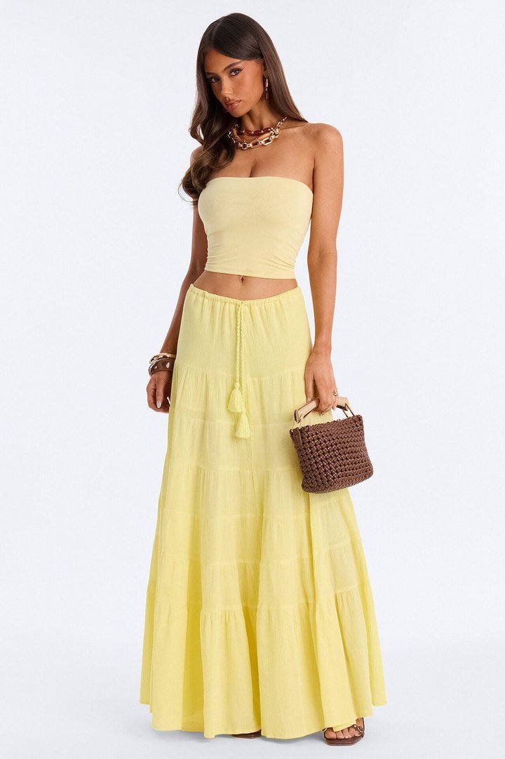 Summer Haze Tiered Rope Tie Waist Maxi Skirt - Butter Yellow