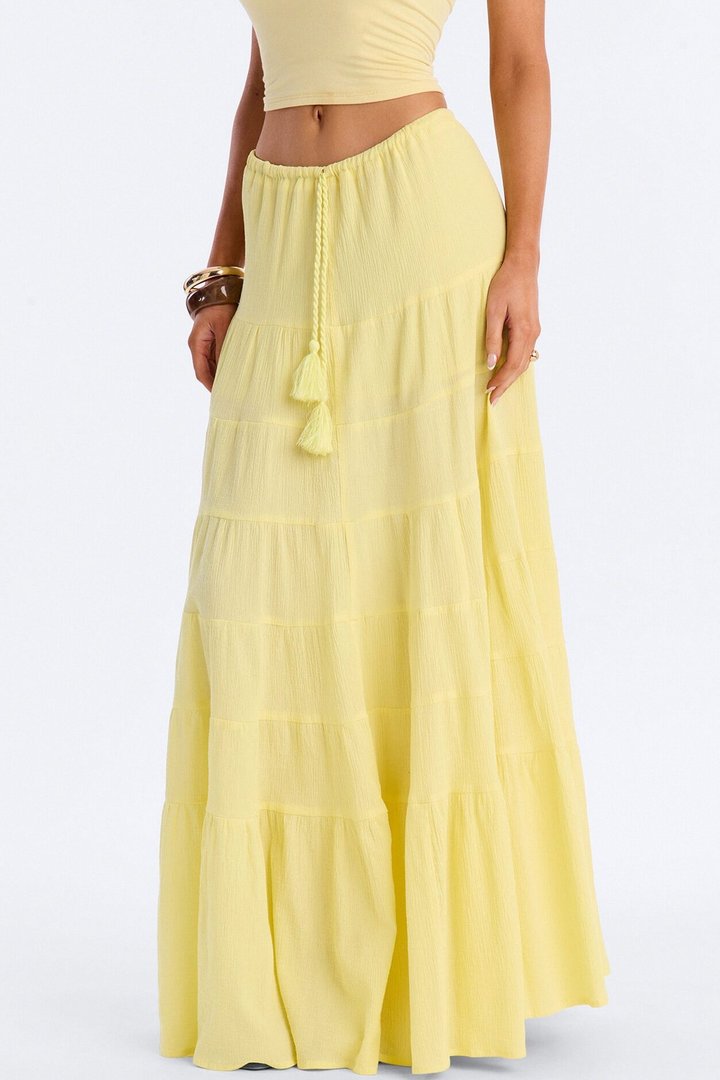 Summer Haze Tiered Rope Tie Waist Maxi Skirt - Butter Yellow
