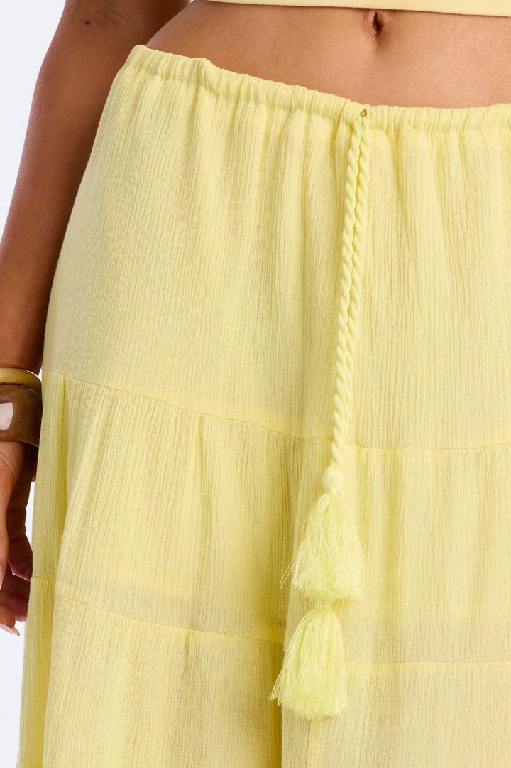 Summer Haze Tiered Rope Tie Waist Maxi Skirt - Butter Yellow