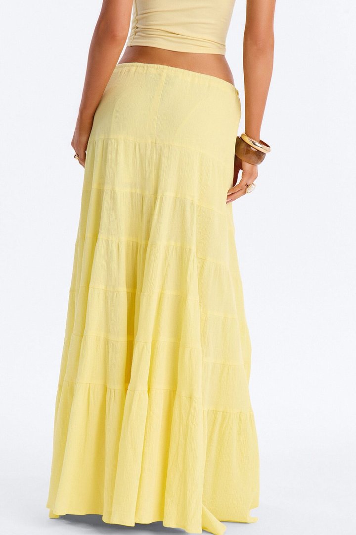 Summer Haze Tiered Rope Tie Waist Maxi Skirt - Butter Yellow