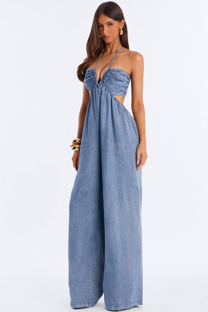 Itiana V-Wire Halter Jumpsuit - Denim