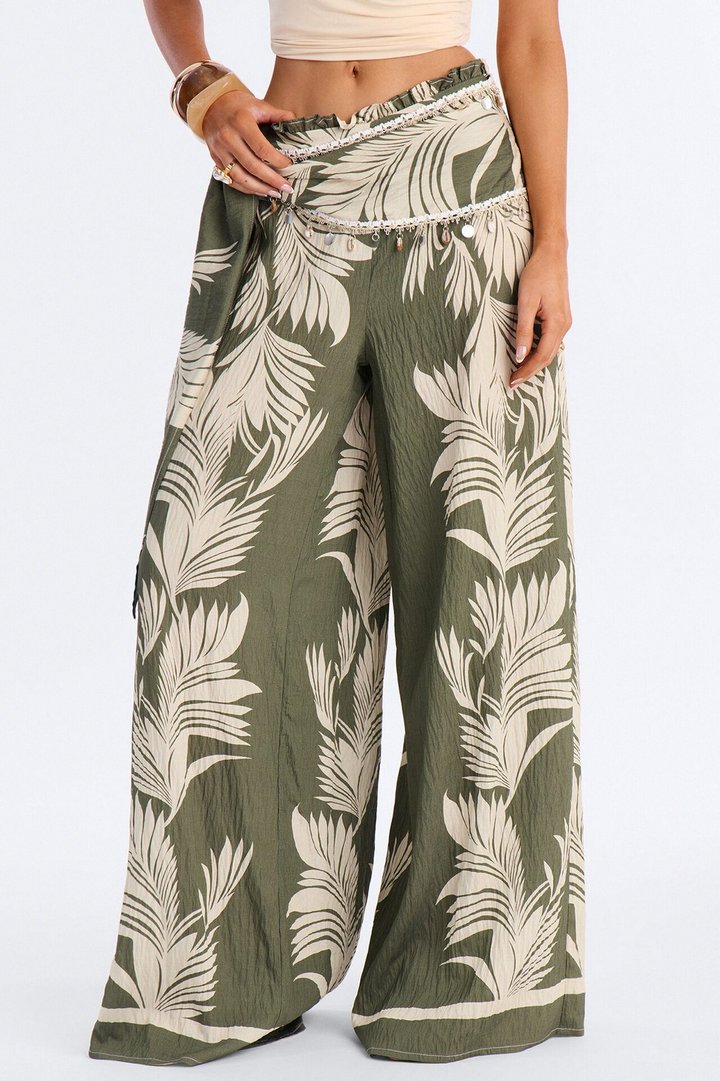 On Boho Mode Embellished Scarf Wrap Low Rise Pant - Green/combo