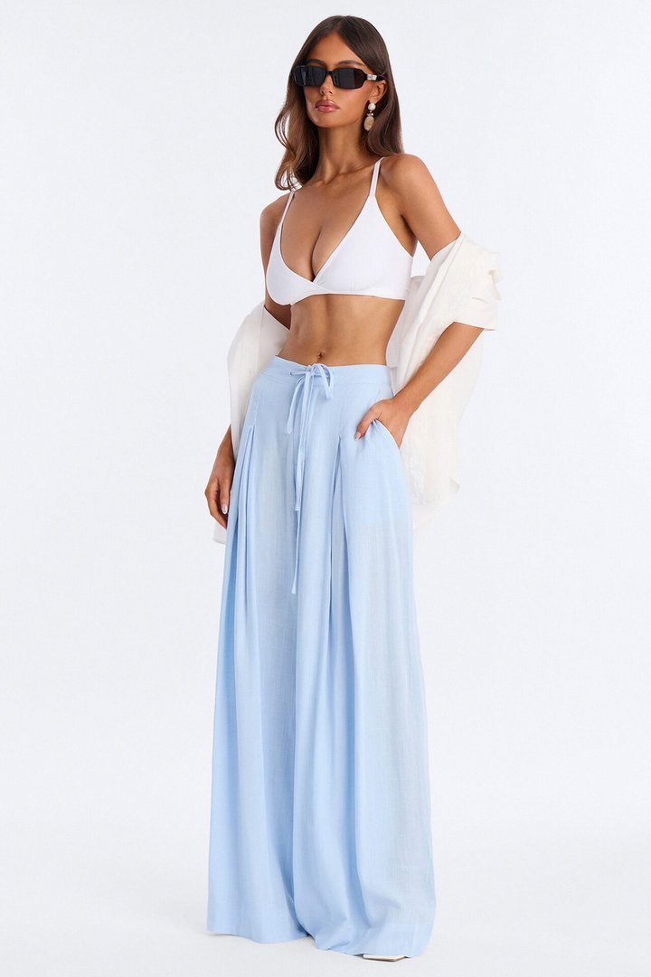 Karianna Linen Blend Wide Leg Pant - Light Blue