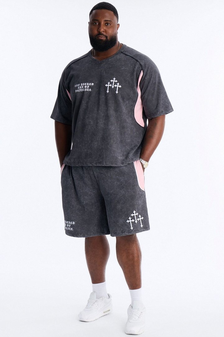 Sacred Embroidery Paneled Fleece Tee - Black