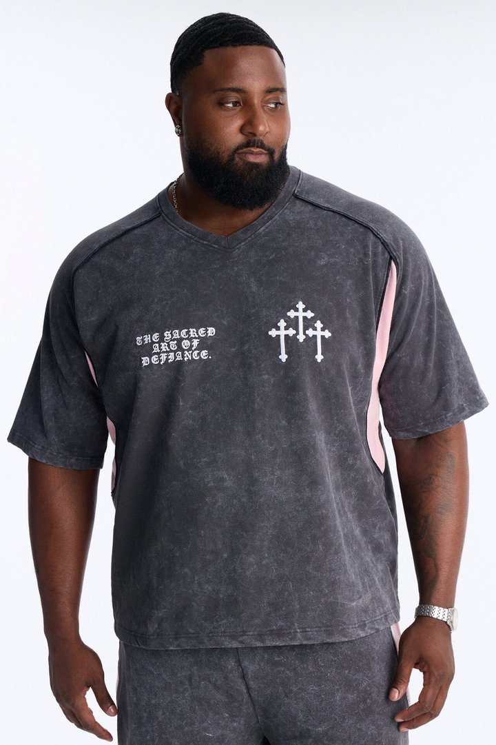 Sacred Embroidery Paneled Fleece Tee - Black