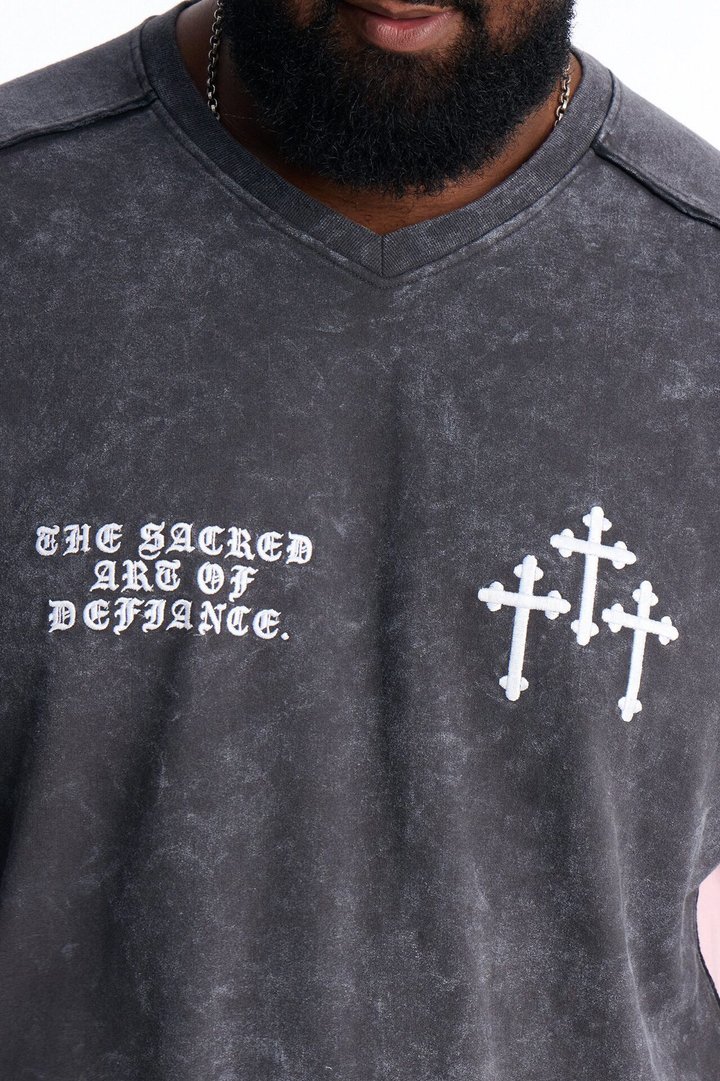 Sacred Embroidery Paneled Fleece Tee - Black