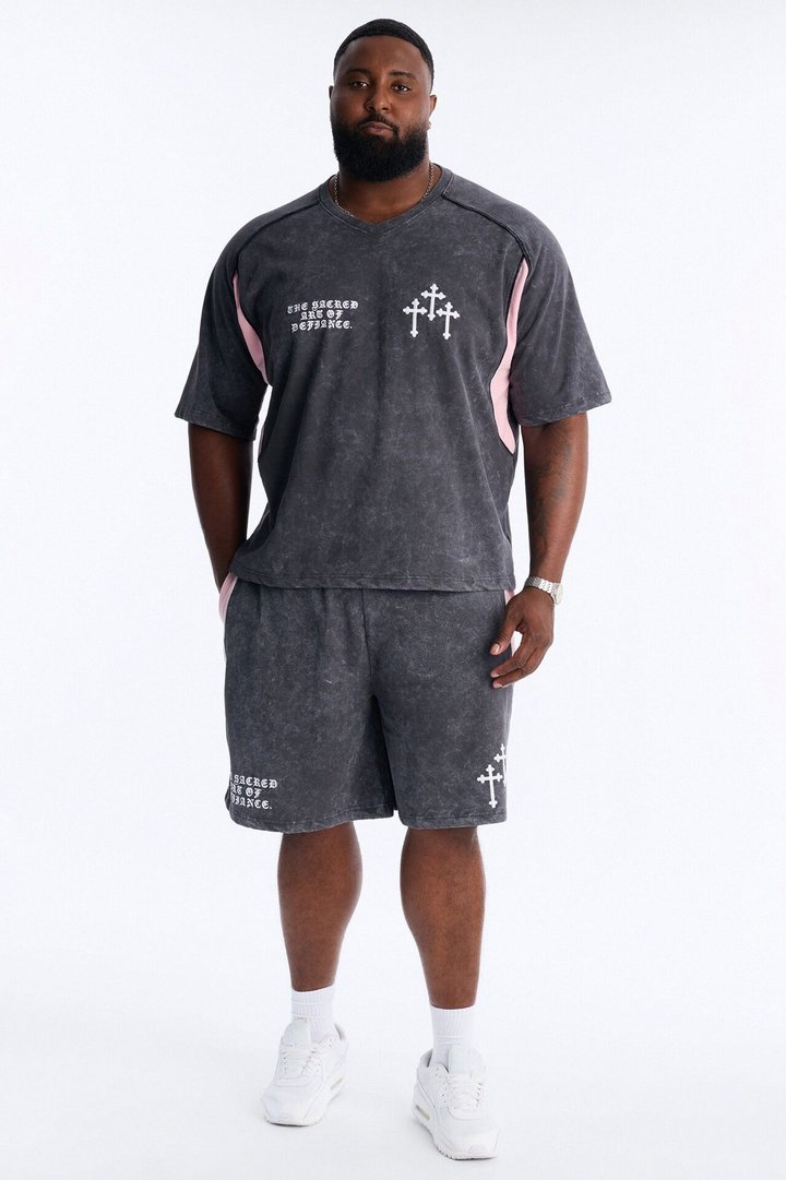 Sacred Embroidery Paneled Sweatshorts - Black