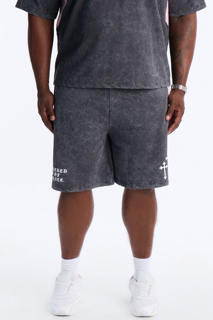 Sacred Embroidery Paneled Sweatshorts - Black