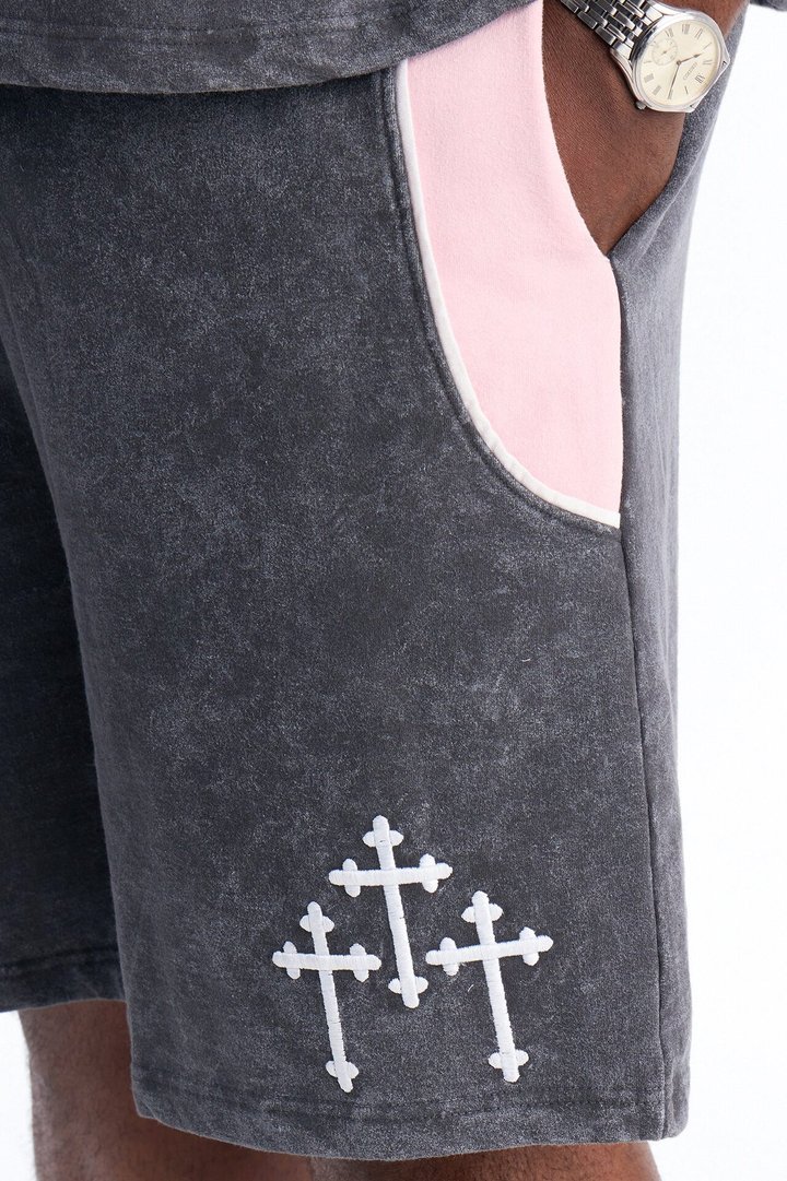 Sacred Embroidery Paneled Sweatshorts - Black