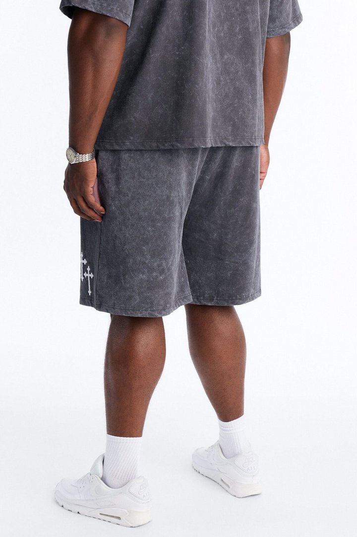 Sacred Embroidery Paneled Sweatshorts - Black