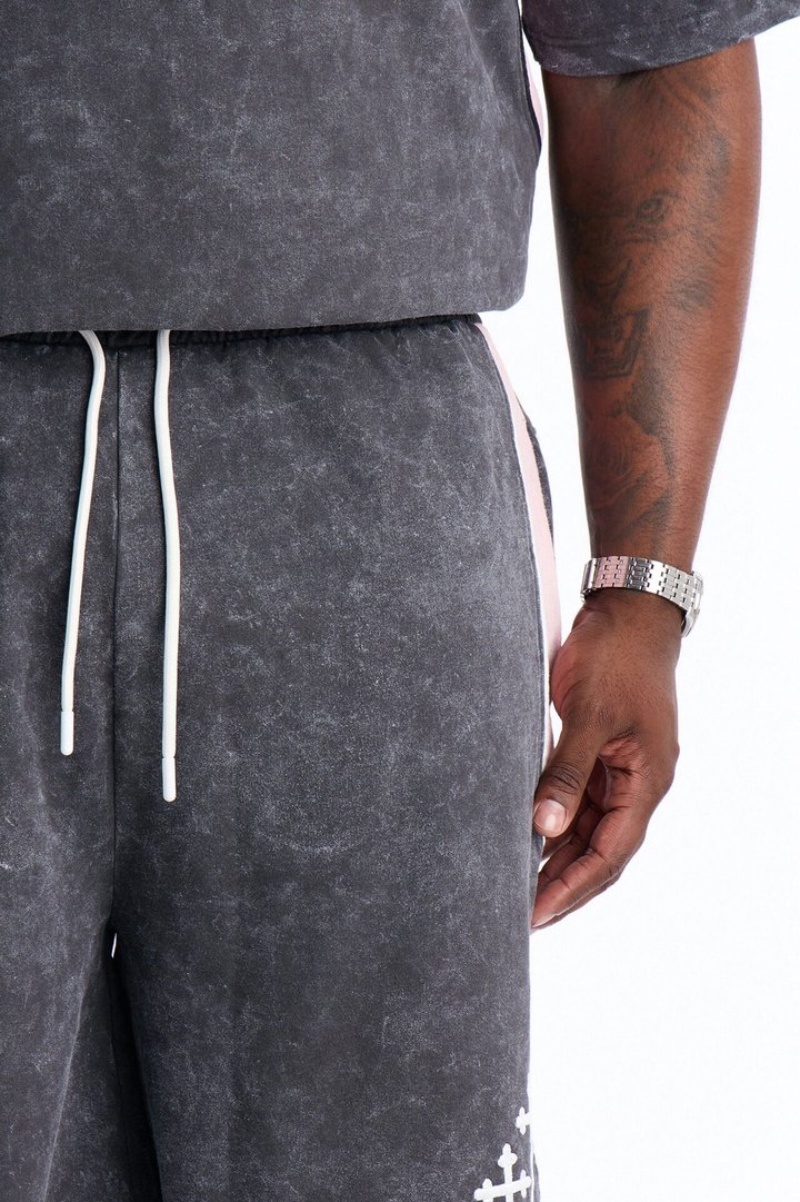 Sacred Embroidery Paneled Sweatshorts - Black