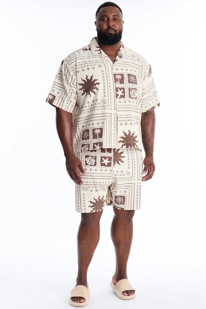 Relaxed Terra Mosaic Cuban Collar Button Up Shirt - Brown