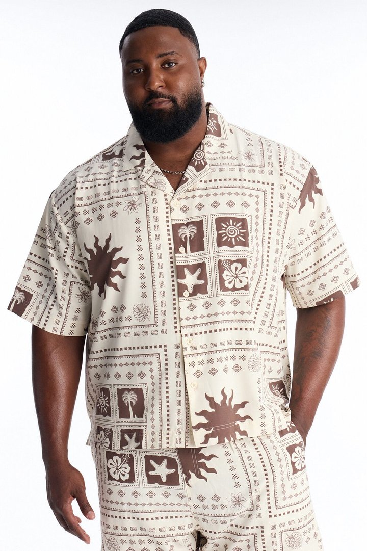 Relaxed Terra Mosaic Cuban Collar Button Up Shirt - Brown