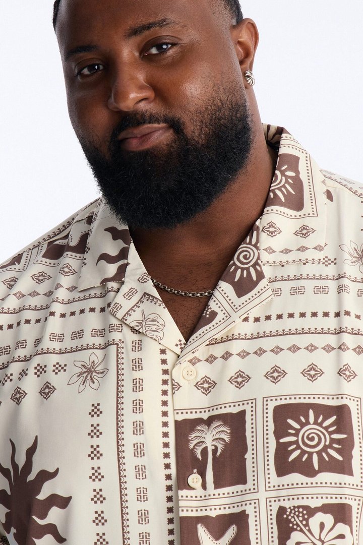 Relaxed Terra Mosaic Cuban Collar Button Up Shirt - Brown