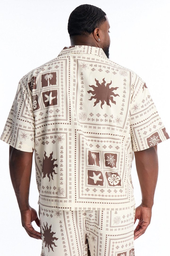 Relaxed Terra Mosaic Cuban Collar Button Up Shirt - Brown