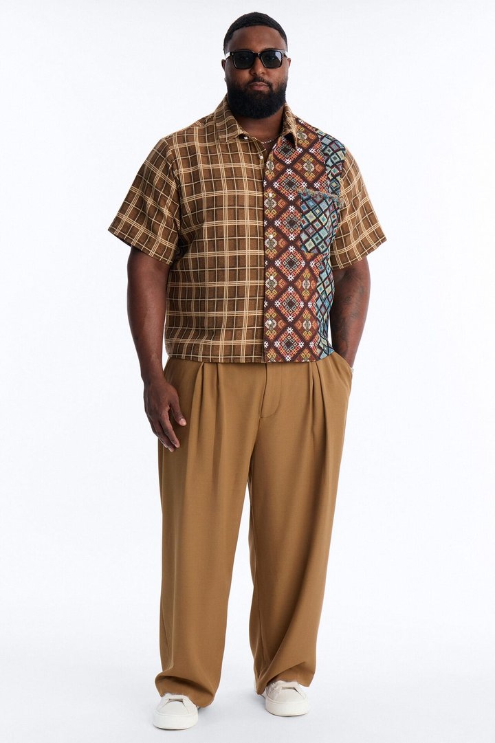 Trippy Mixed Media Button Up Shirt - Brown