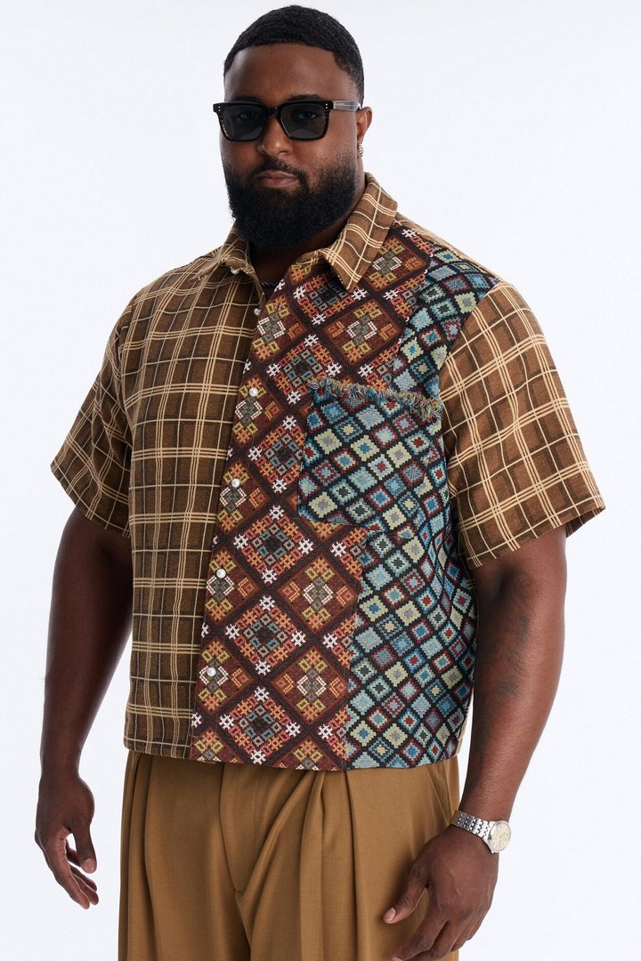 Trippy Mixed Media Button Up Shirt - Brown