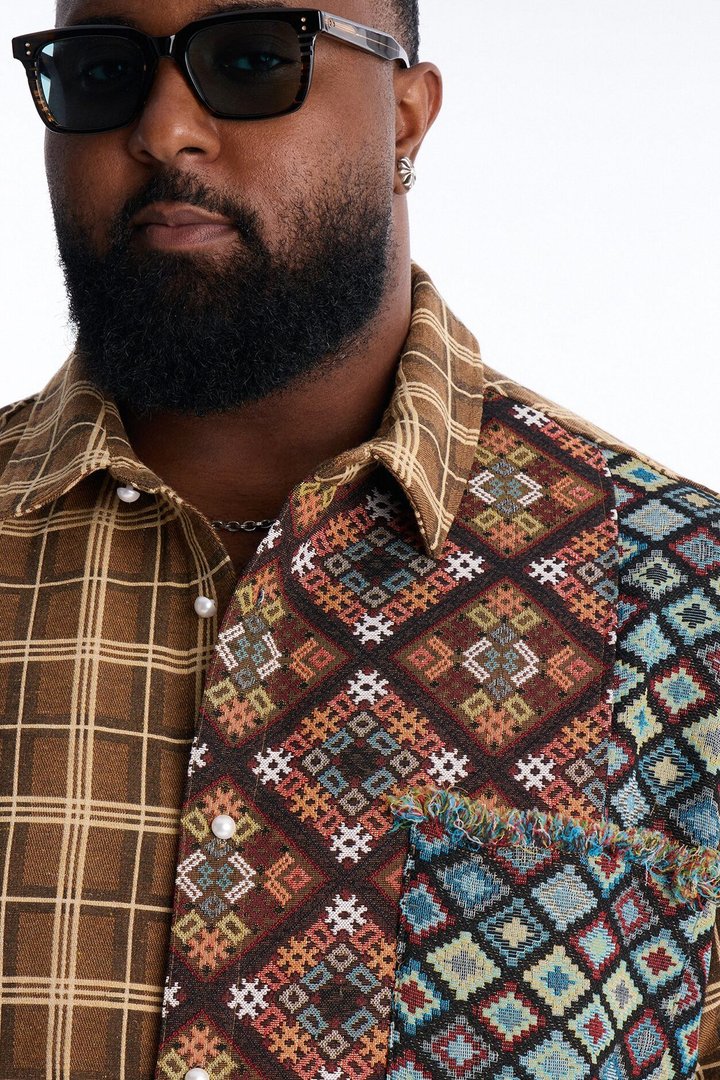 Trippy Mixed Media Button Up Shirt - Brown