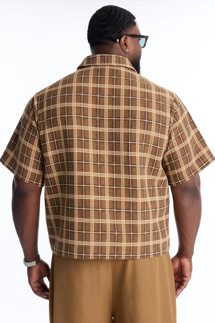 Trippy Mixed Media Button Up Shirt - Brown