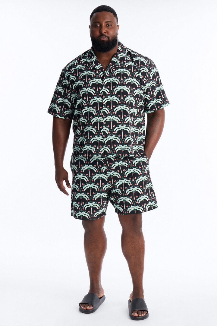 Relaxed Palm Mandala Cuban Collar Button Up Shirt - Black/Green