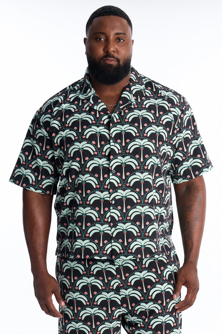Relaxed Palm Mandala Cuban Collar Button Up Shirt - Black/Green