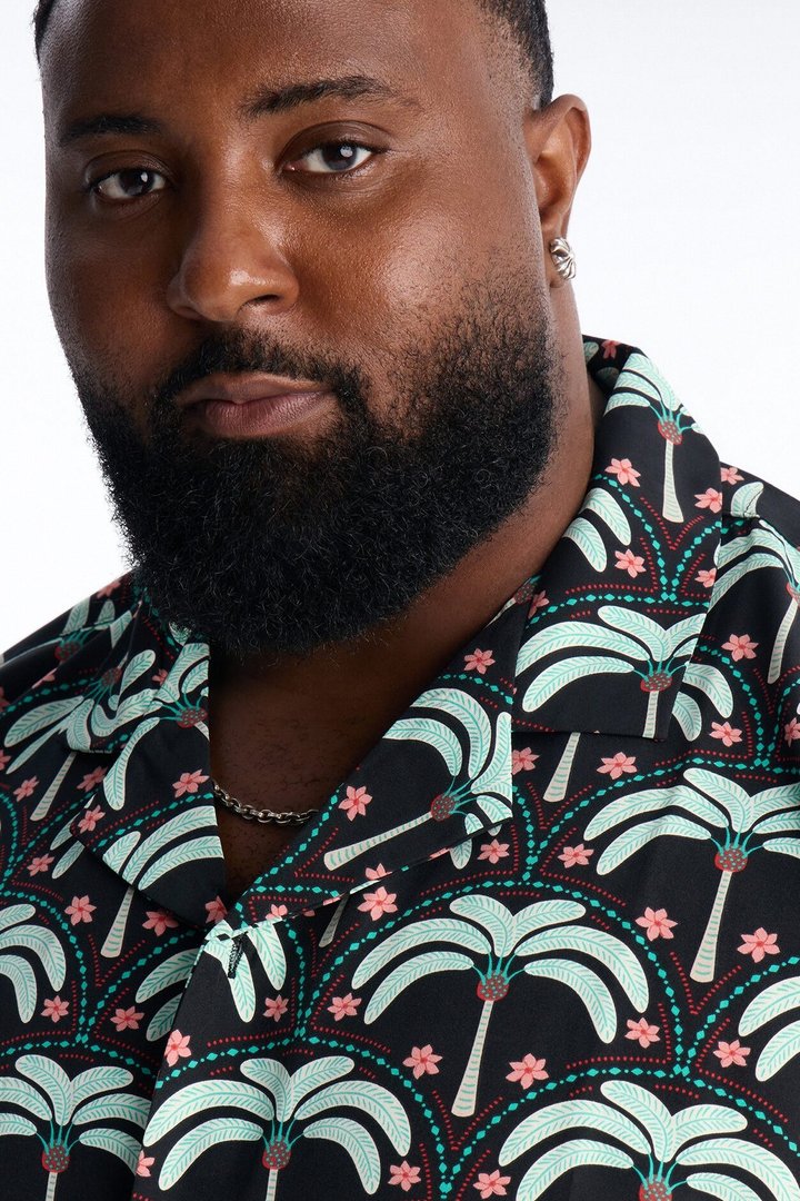 Relaxed Palm Mandala Cuban Collar Button Up Shirt - Black/Green