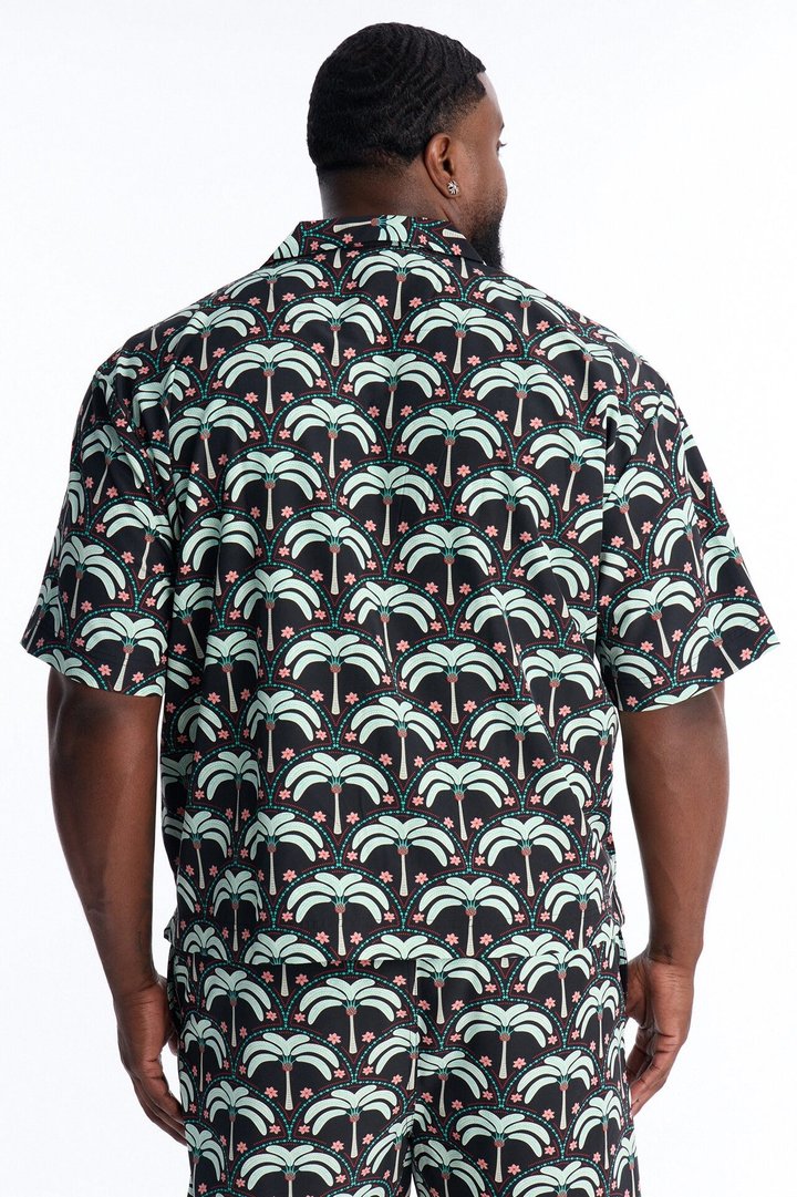 Relaxed Palm Mandala Cuban Collar Button Up Shirt - Black/Green