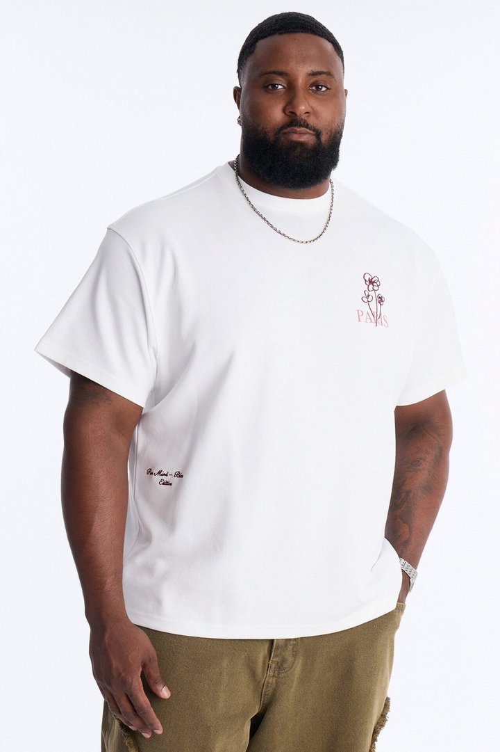 Paris Serene Corner Embroidery Heavy Weight Short Sleeve Tee - White