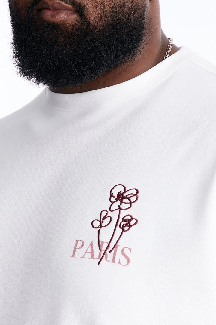 Paris Serene Corner Embroidery Heavy Weight Short Sleeve Tee - White