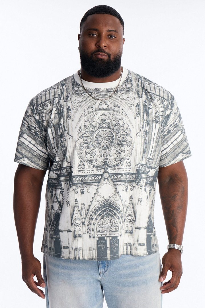 Gothic Church All Over Print Oversized Short Sleeve Tee - White