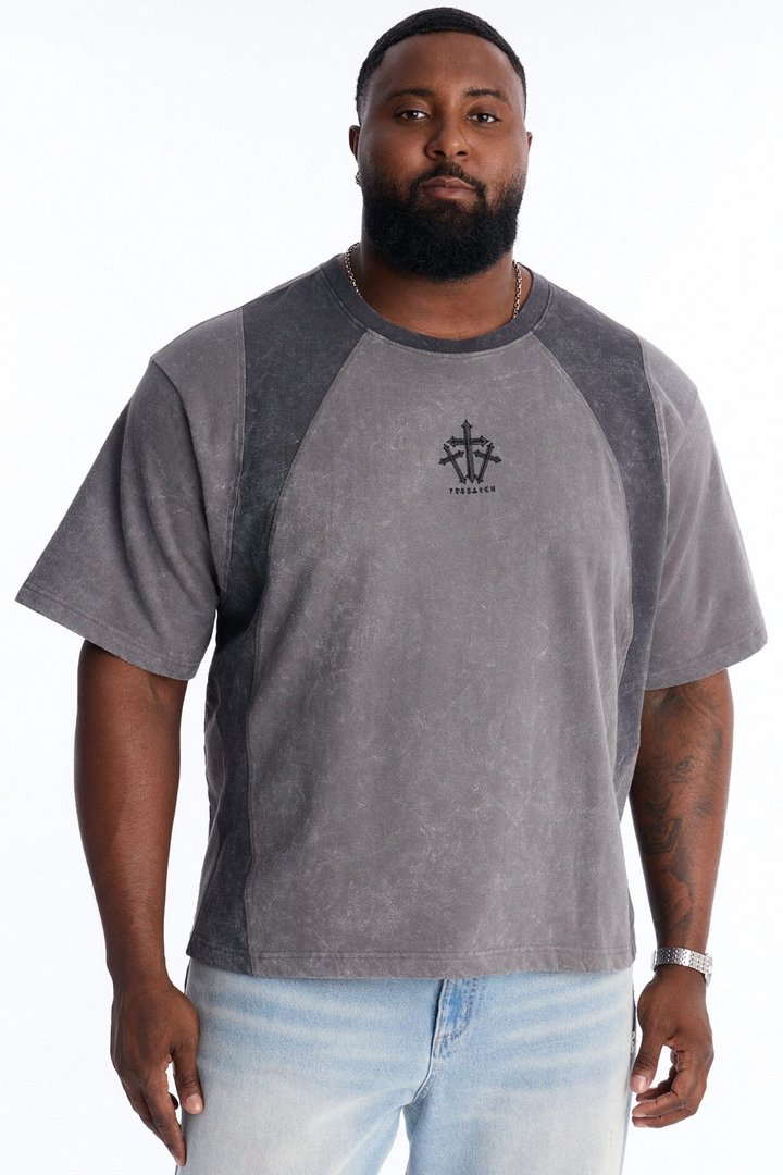Forsaken Embroidery Paneled Fleece Tee - Grey