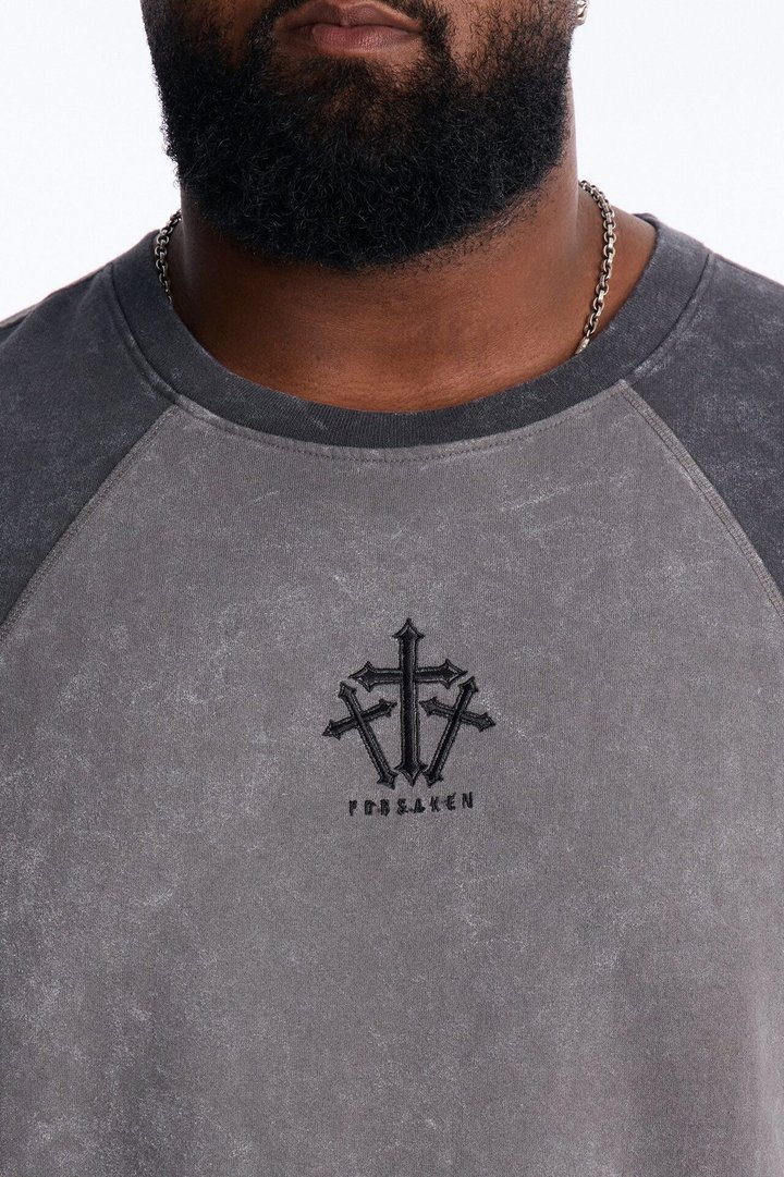 Forsaken Embroidery Paneled Fleece Tee - Grey