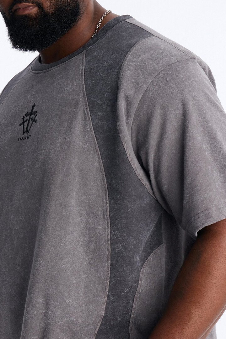 Forsaken Embroidery Paneled Fleece Tee - Grey