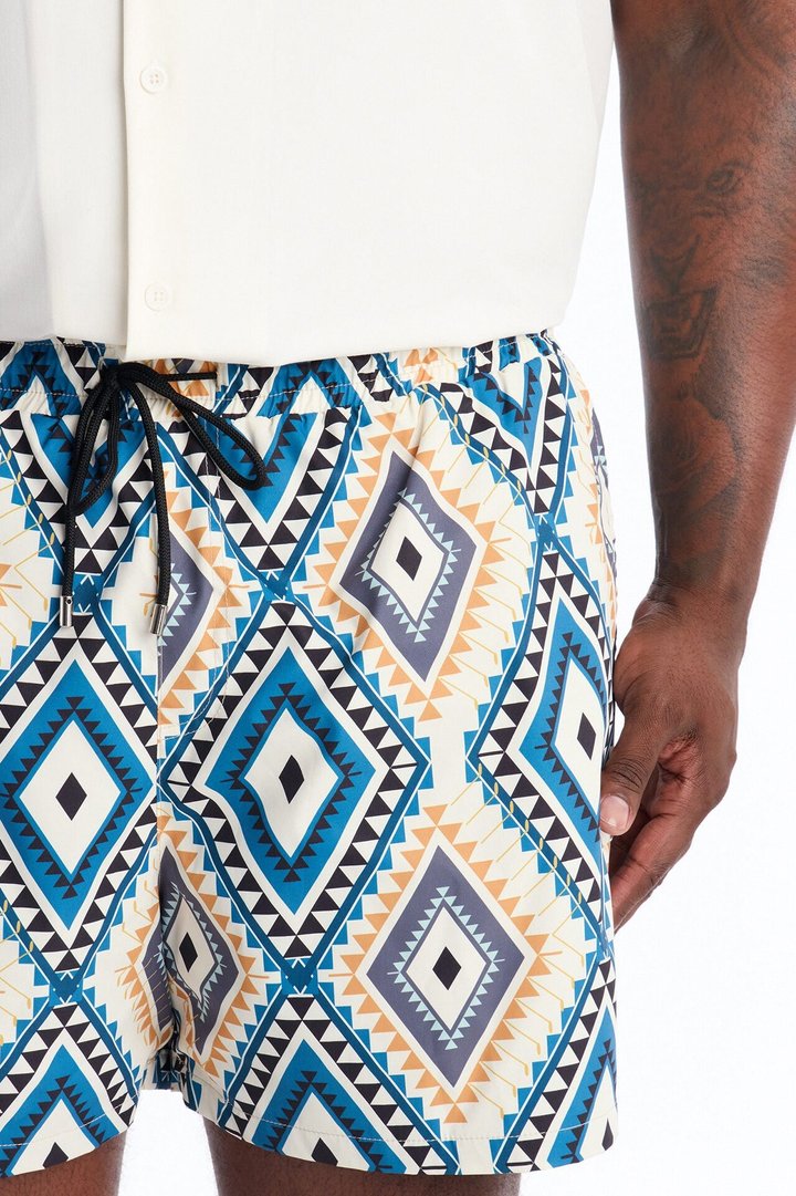 Diamond Tapestry Printed Swim Trunk 4″ - Blue