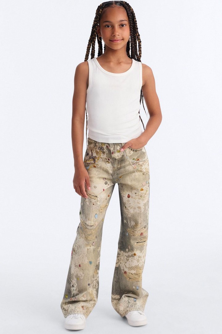 Mini Fancy Pearls Printed Jeans - Multi Color