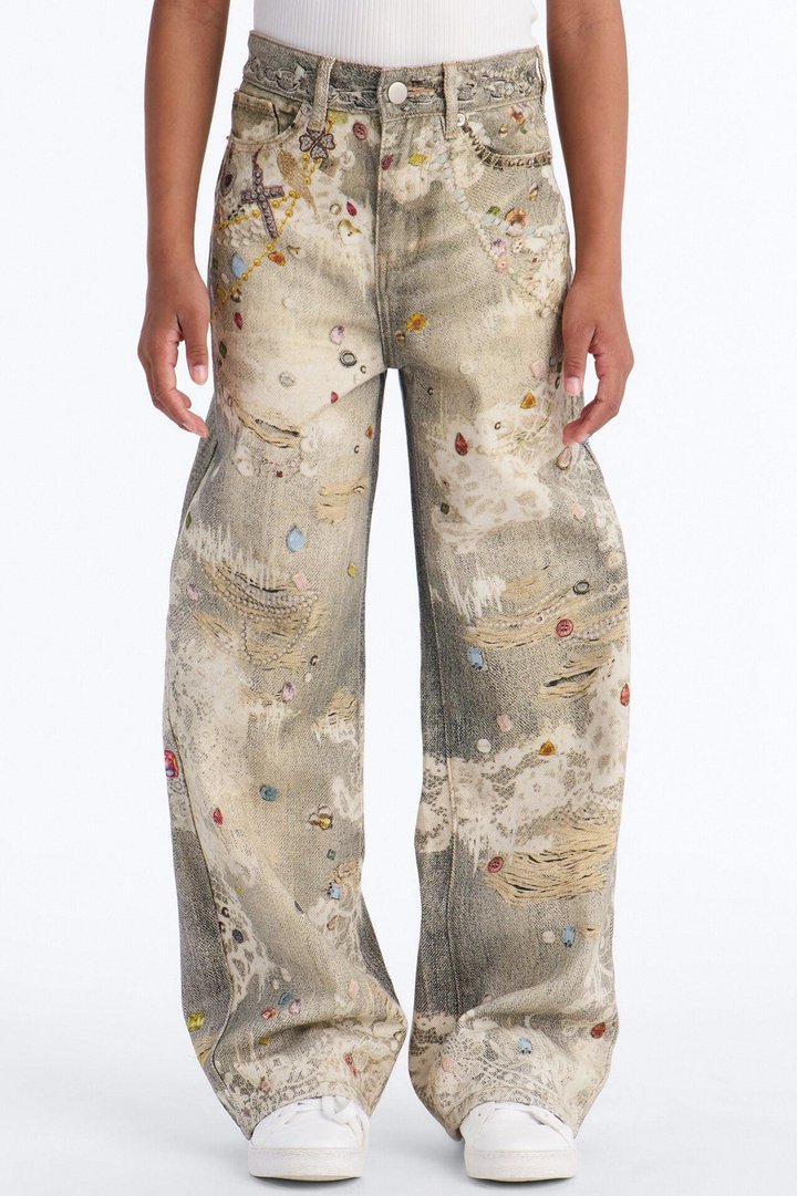 Mini Fancy Pearls Printed Jeans - Multi Color