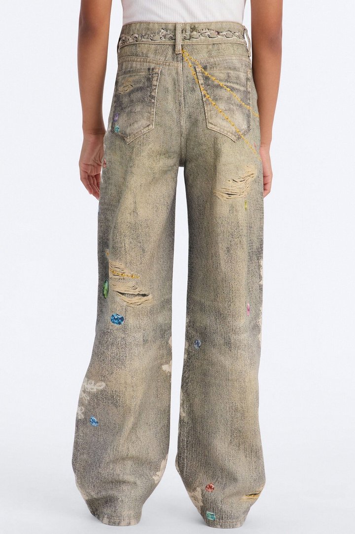 Mini Fancy Pearls Printed Jeans - Multi Color