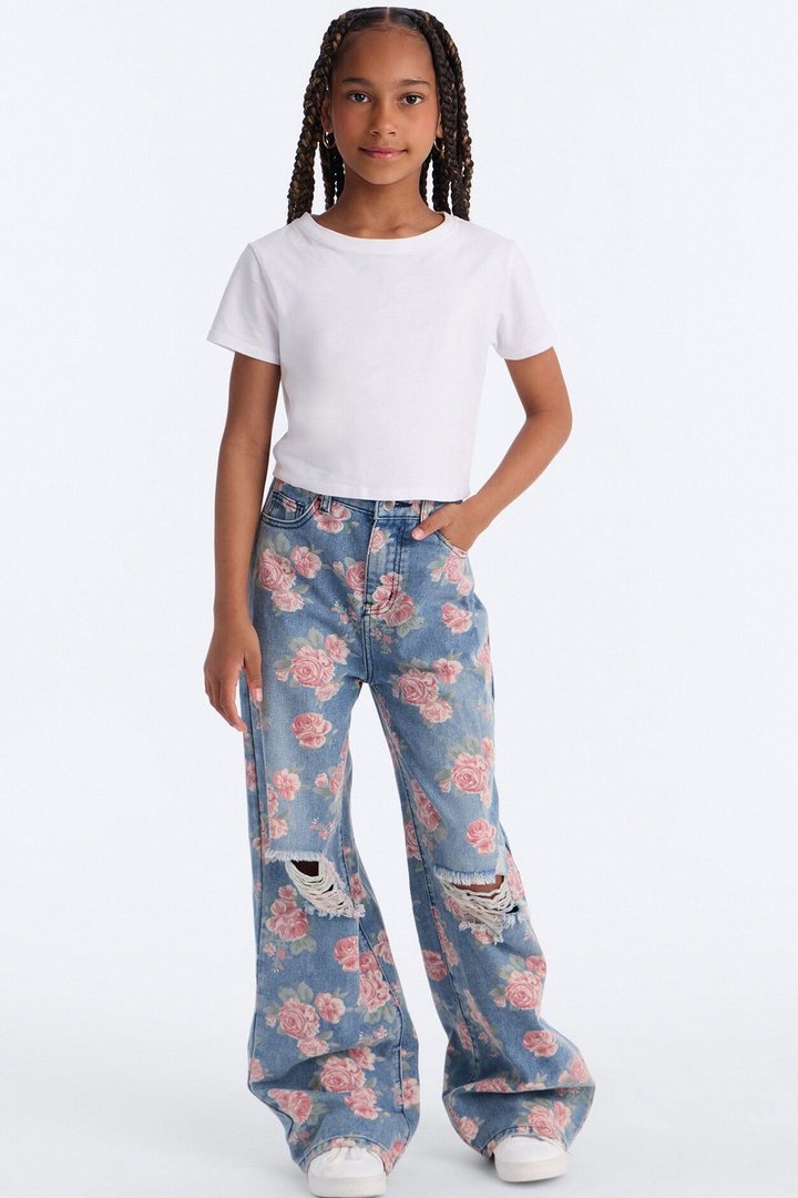 Mini You Grow Girl Ripped Wide Leg Jeans - Vintage Wash
