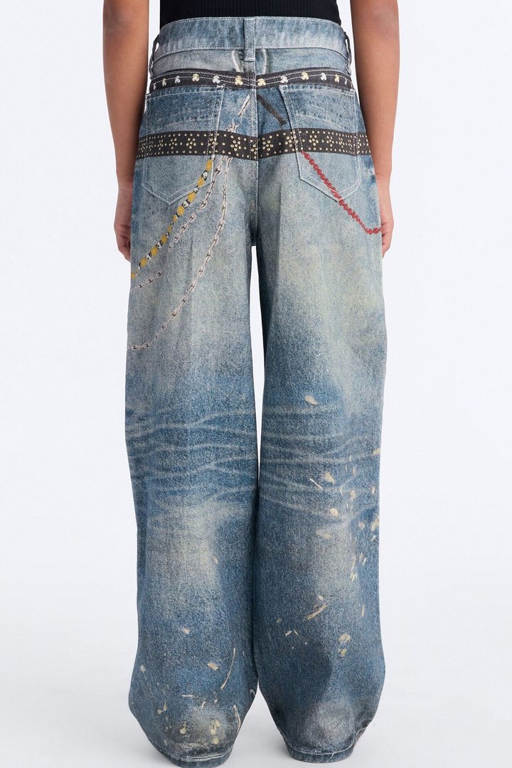 Mini Linked Up Printed Wide Leg Jeans - Medium Wash