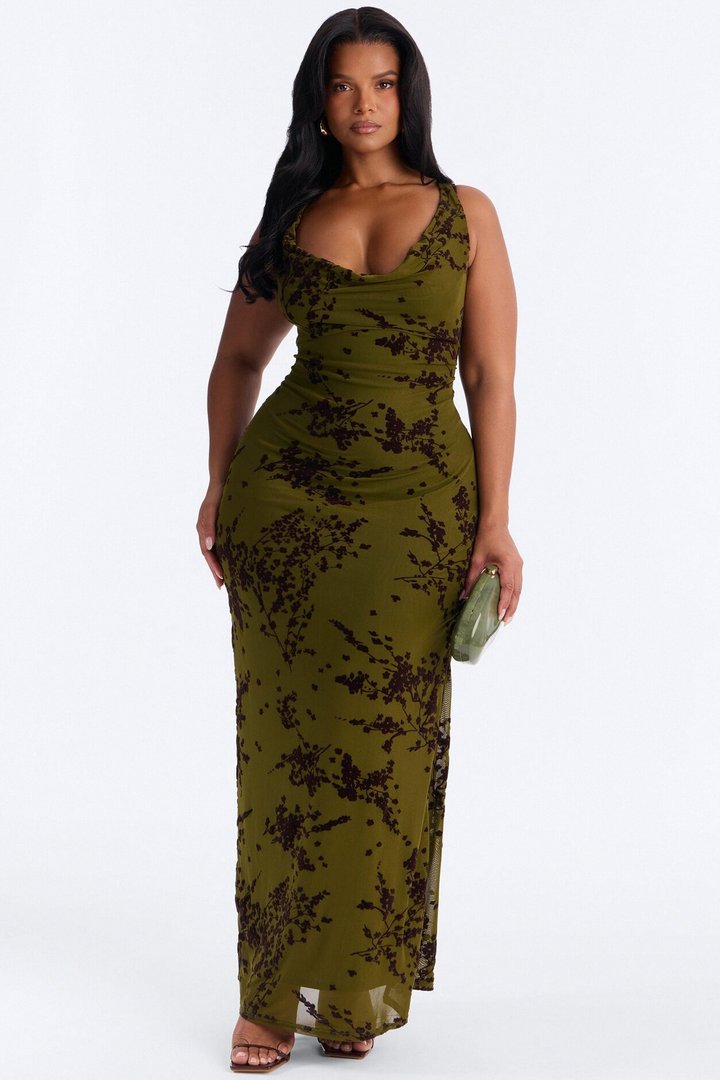 Dreamer Flocked Mesh Maxi Dress - Olive