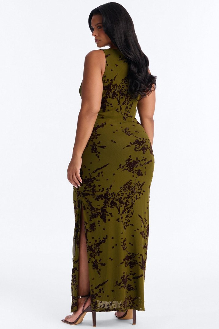 Dreamer Flocked Mesh Maxi Dress - Olive
