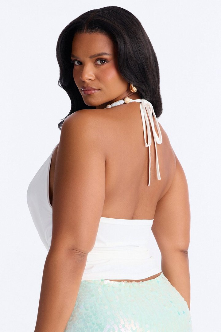Paradise Nights Beaded Cowl Neck Halter Top - White