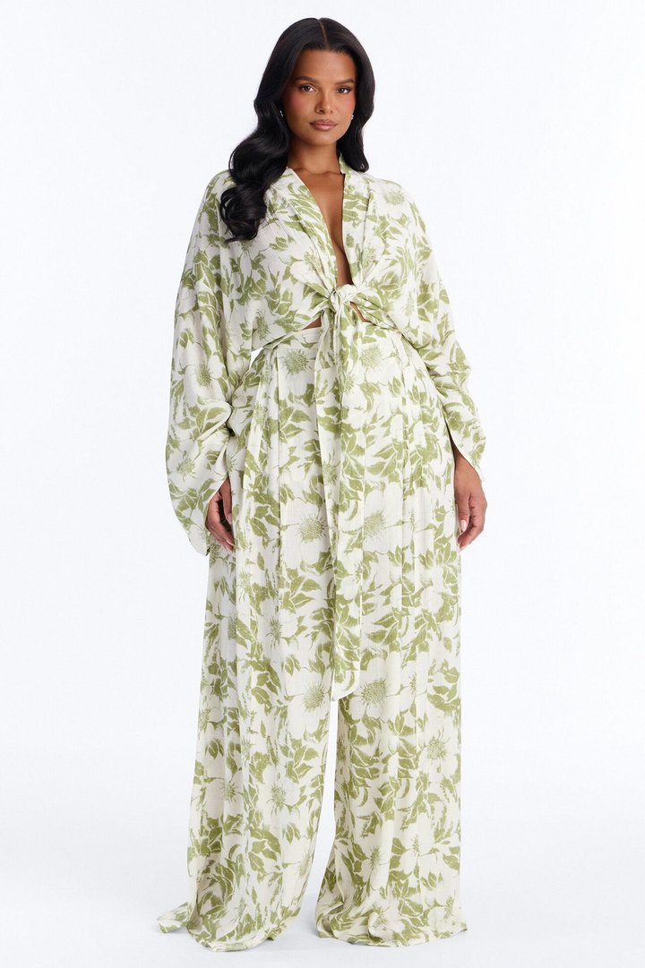 Summer Time Florals Tie Front Blouse - Green/combo