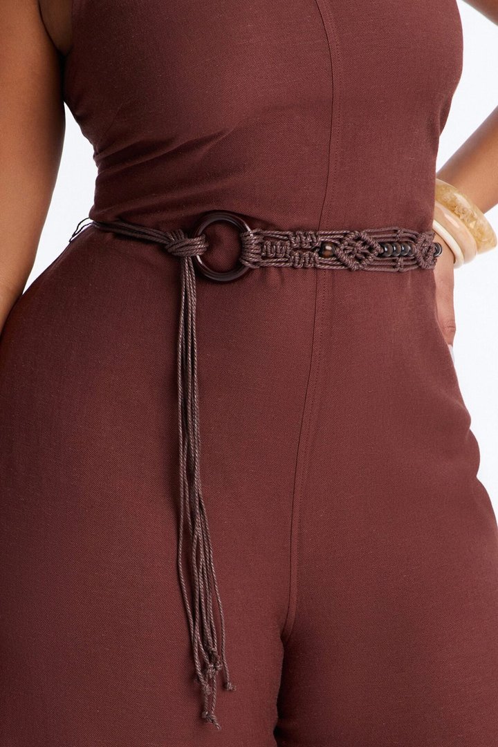Myrah Linen Wide Leg Belted Jumpsuit - Chocolate