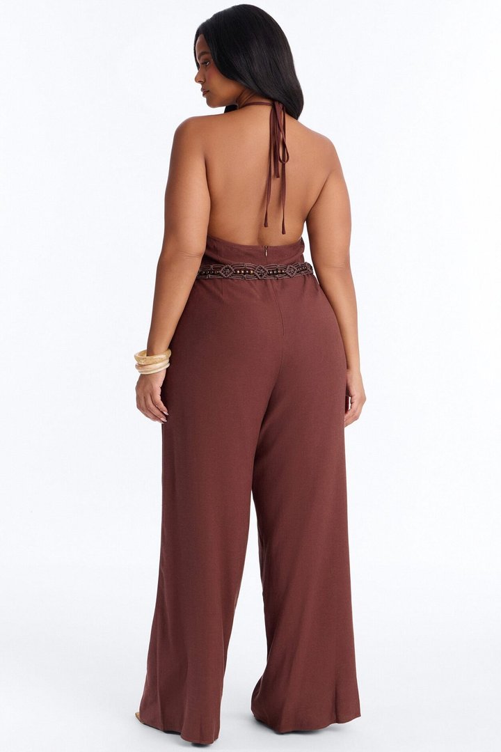 Myrah Linen Wide Leg Belted Jumpsuit - Chocolate