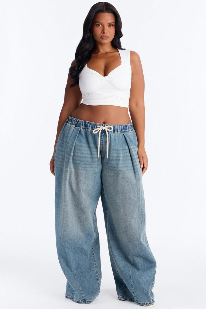 Direct Flight Tie Waist Baggy Jeans - Light Wash